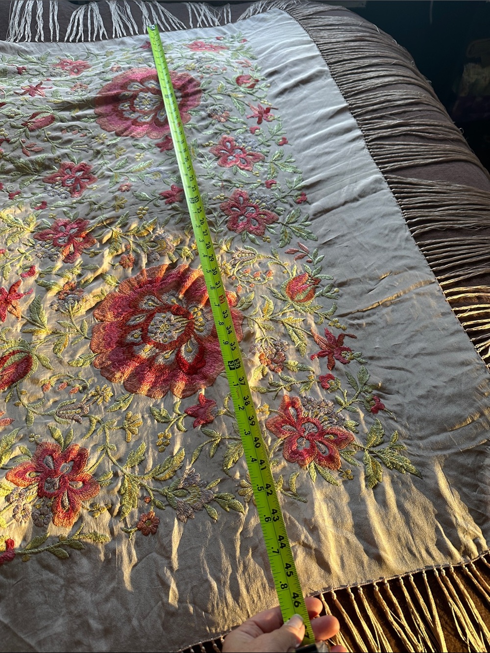 Vintage Silk Piano Shawl Hand-Embroidered Floral in Pale Pink- hot pink flowers - Picture 14 of 16